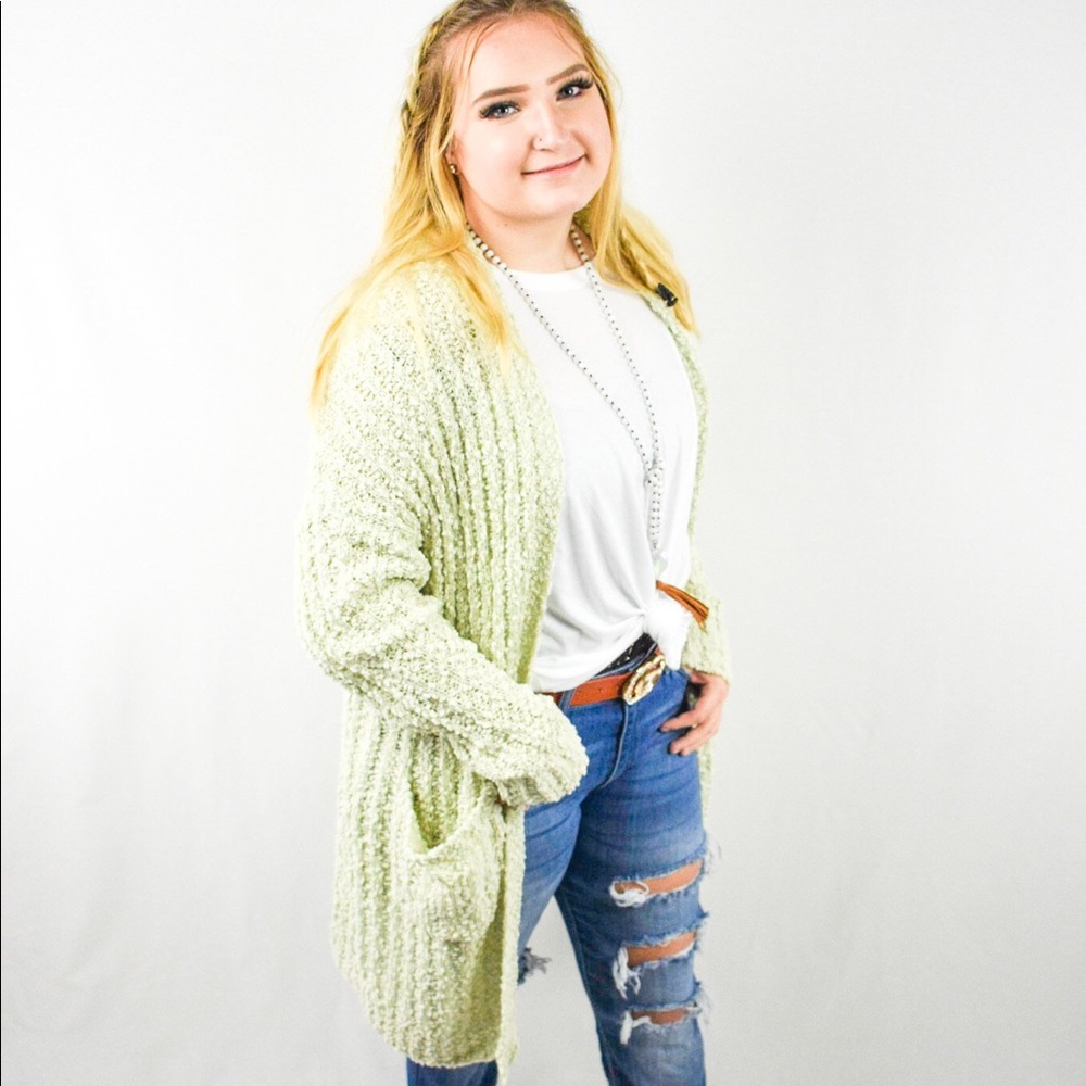 Light Ribbed Popcorn Long Cardigan with Pockets - Light Green